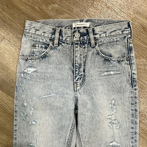Moussy Denim High Rise Light Wash Straight Leg Distressed Jeans Size 25 - Picture 3 of 9
